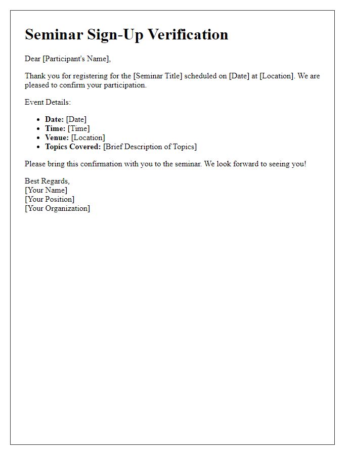 Letter template of seminar sign-up verification