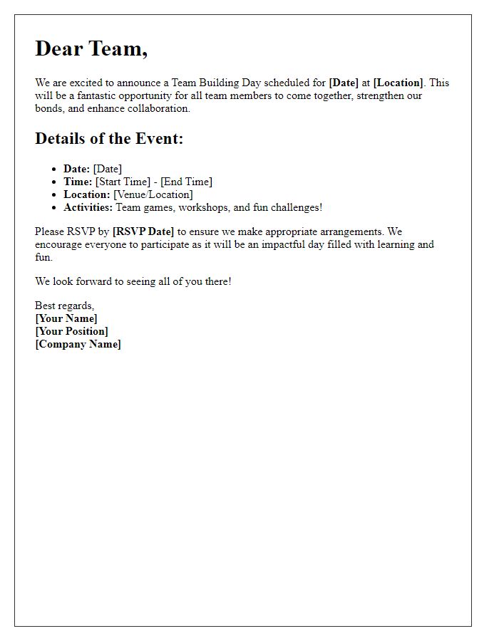 Letter template of announcement for team building day.