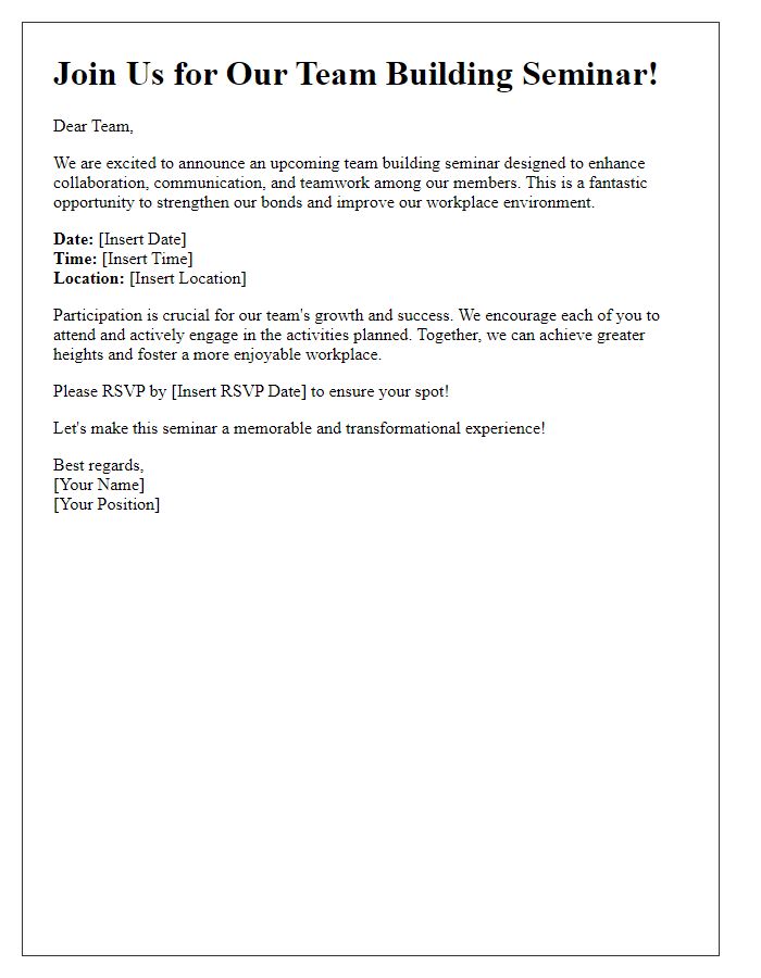 Letter template of call to action for team building seminar.