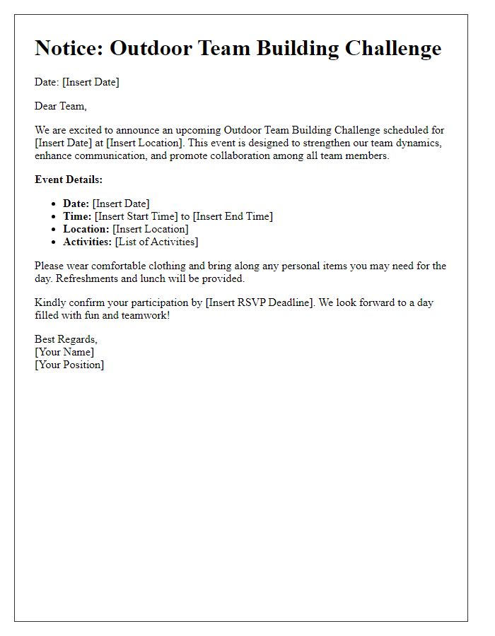 Letter template of notice for outdoor team building challenge.