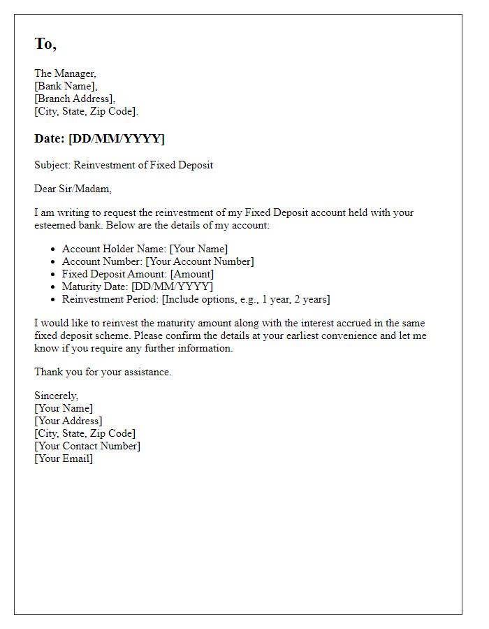 Letter template of fixed deposit account reinvestment