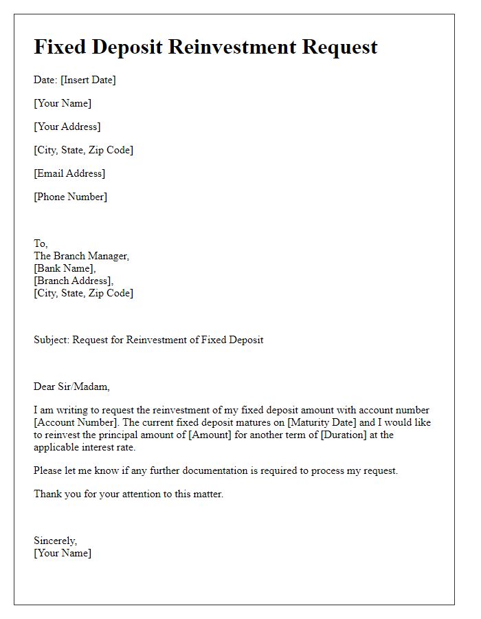 Letter template of fixed deposit amount reinvestment