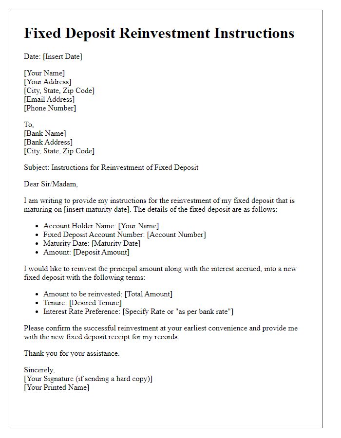 Letter template of fixed deposit reinvestment instructions