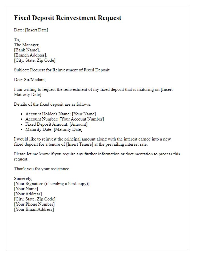 Letter template of fixed deposit reinvestment request