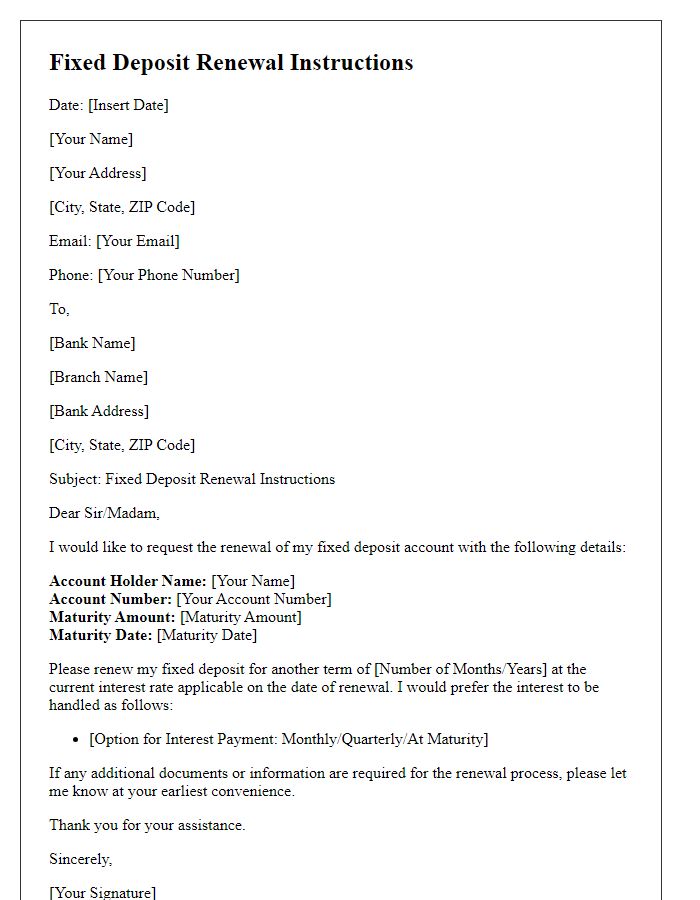 Letter template of fixed deposit renewal instructions