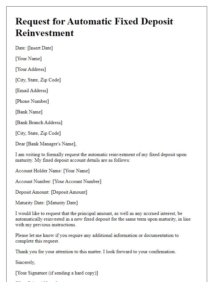 Letter template of request for automatic fixed deposit reinvestment