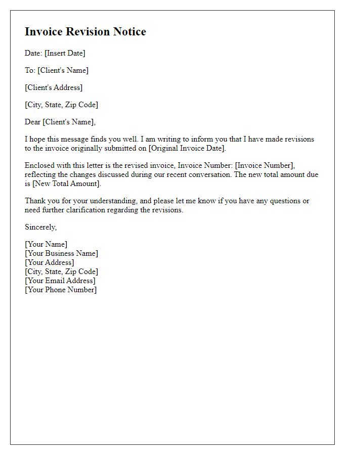 Letter template of freelance invoice revision notice