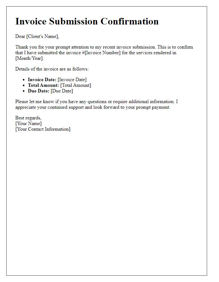 Letter template of freelance invoice submission confirmation