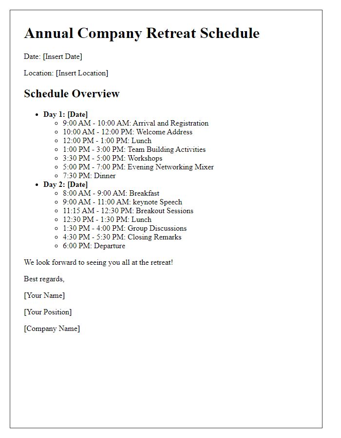 Letter template of schedule for annual company retreat