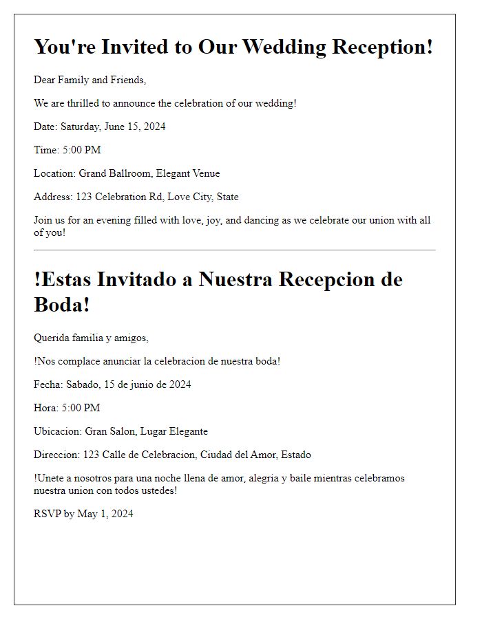 Letter template of bilingual wedding reception invitation