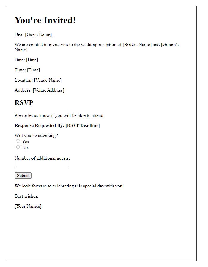 Letter template of RSVP wedding reception invitation