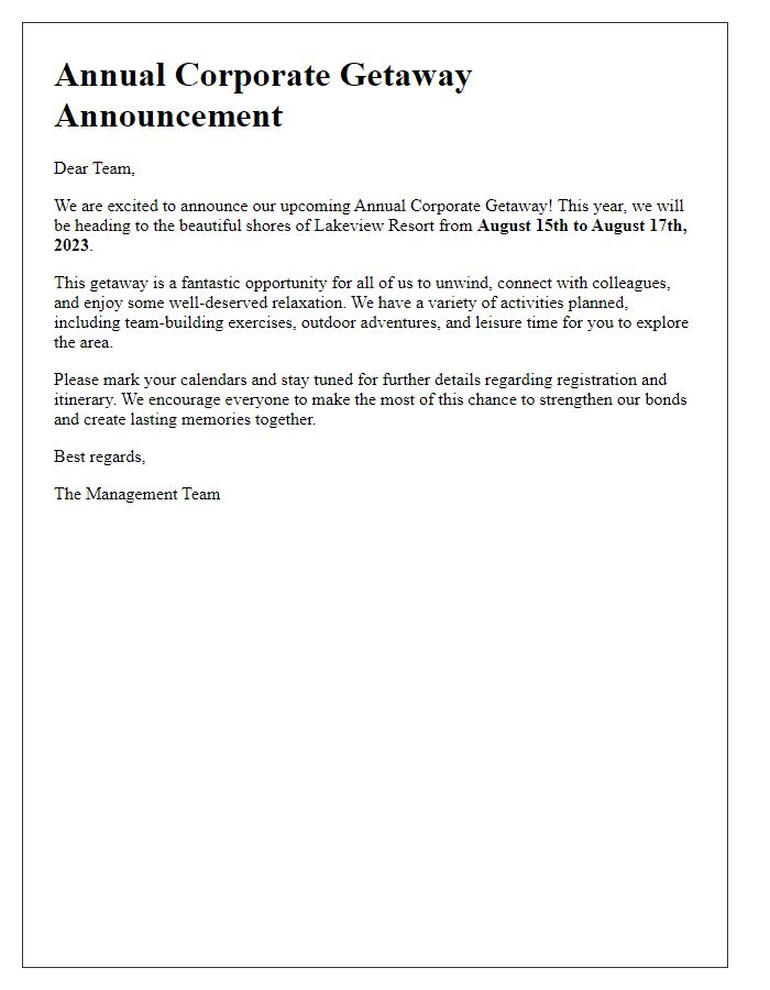 Letter template of annual corporate getaway announcement