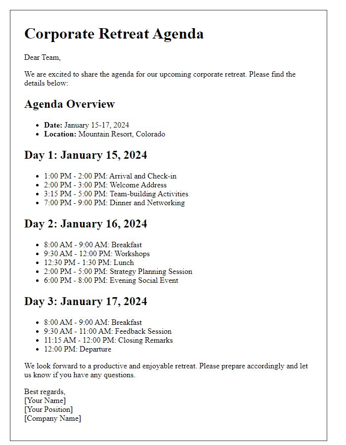 Letter template of corporate retreat agenda sharing