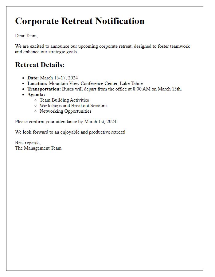 Letter template of corporate retreat details notification