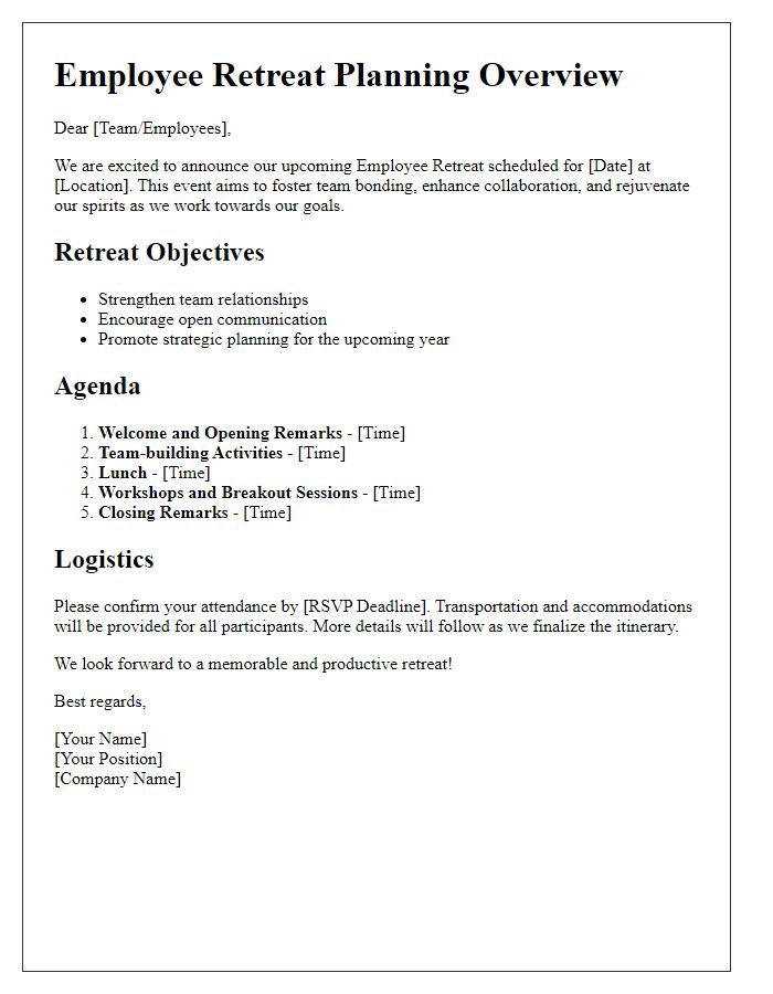 Letter template of employee retreat planning overview