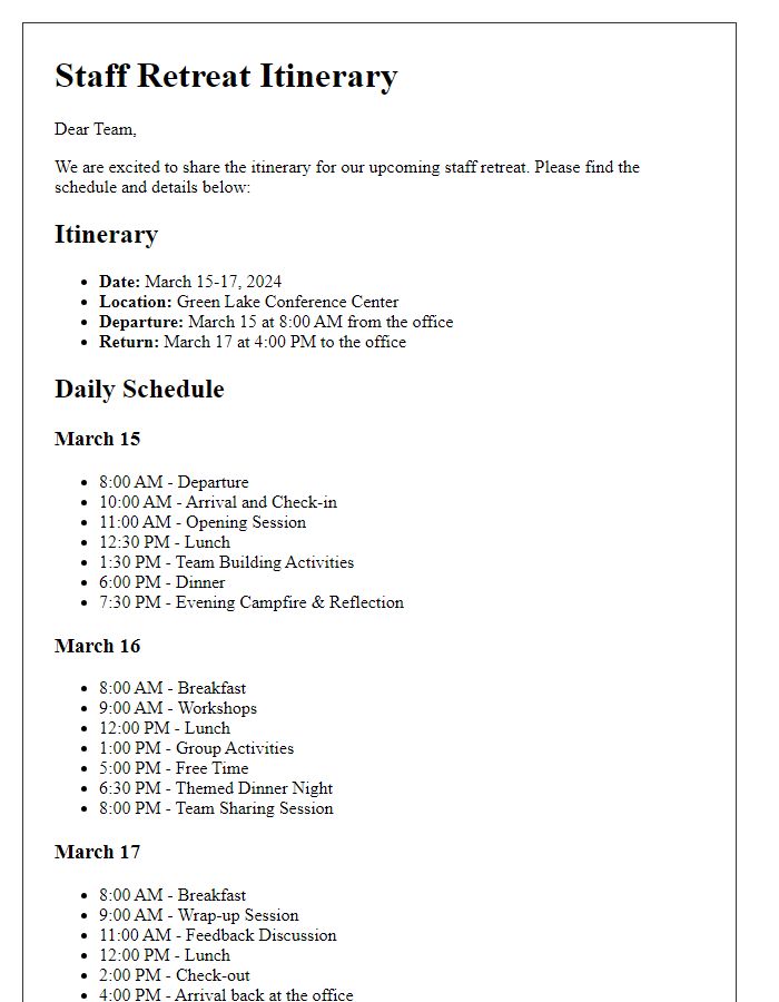 Letter template of staff retreat itinerary distribution