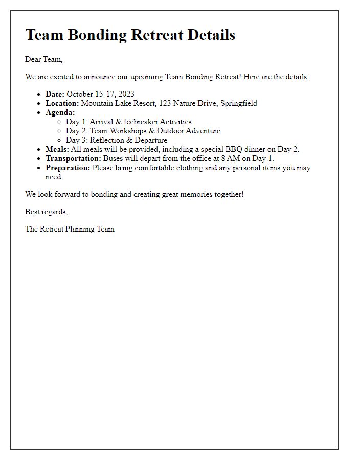 Letter template of team bonding retreat details