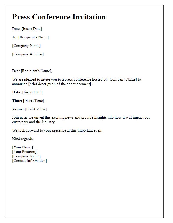 Letter template of press conference invitation for corporate announcement.