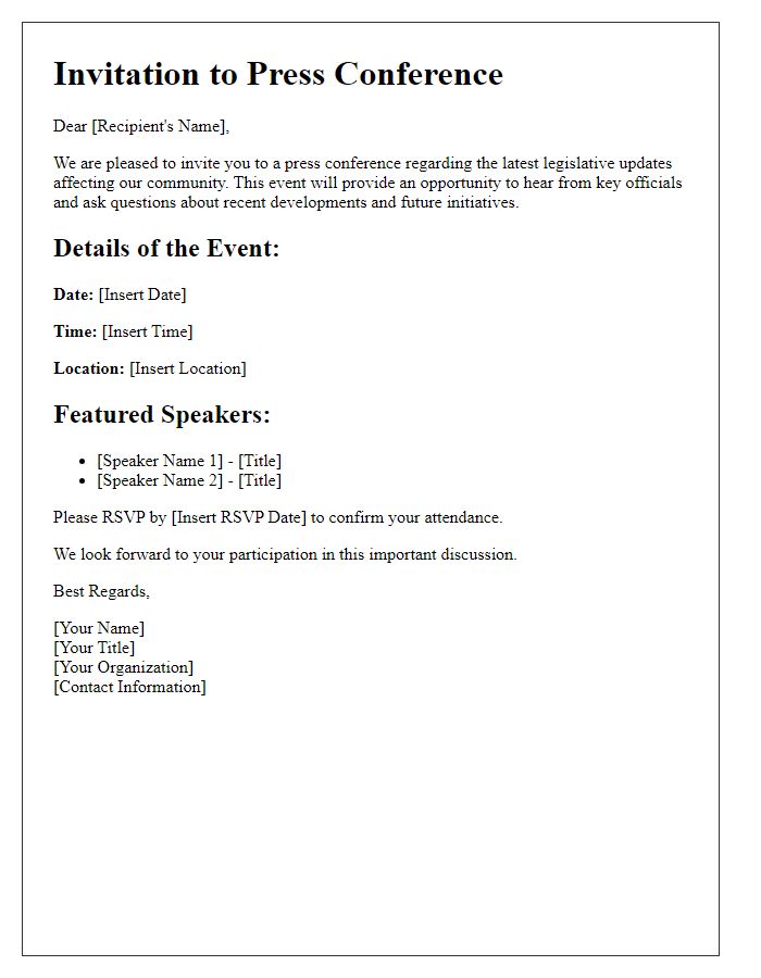 Letter template of press conference invitation for legislative updates.