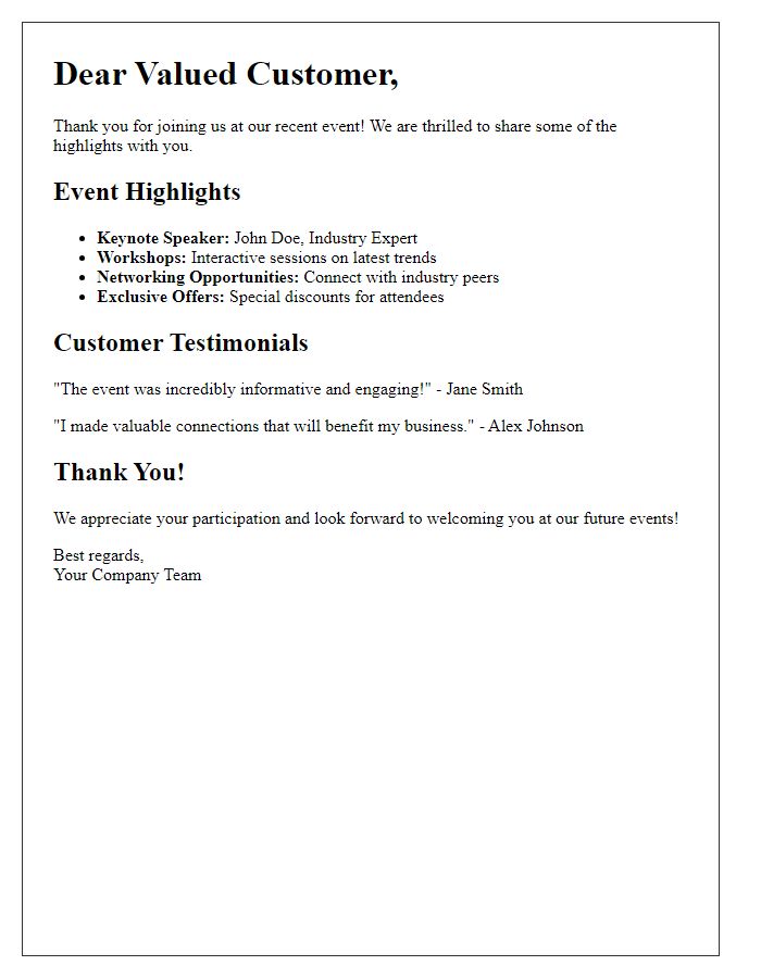 Letter template of event highlights recap for customers