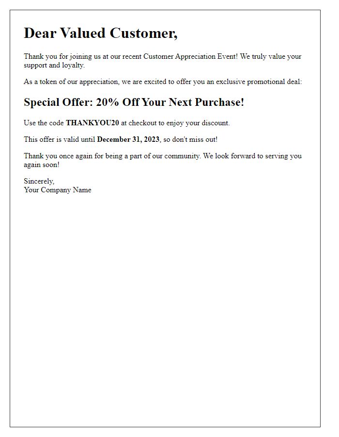 Letter template of promotional offer for attendees of customer appreciation event