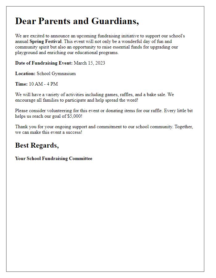 Letter template of fundraising initiative announcement for school event