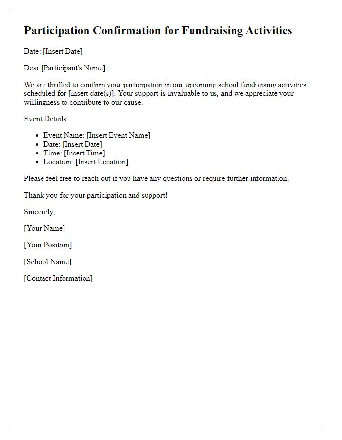 Letter template of participation confirmation for school fundraising activities