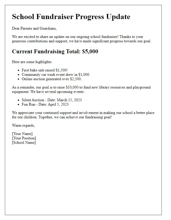 Letter template of progress update on school fundraiser