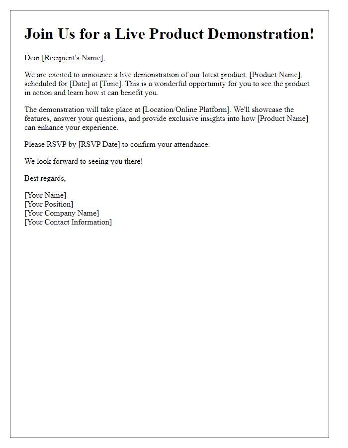 Letter template of announcement for live product demonstration