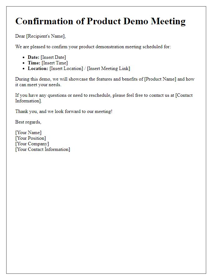 Letter template of confirmation for product demo meeting