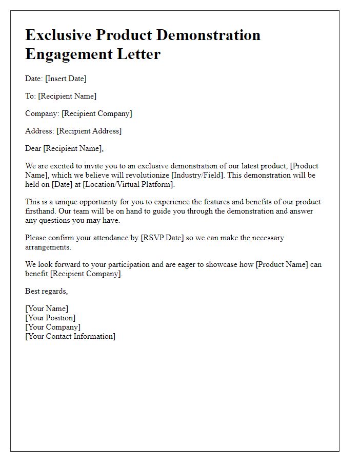 Letter template of engagement for exclusive product demonstration