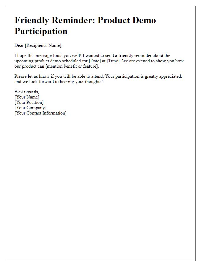 Letter template of friendly reminder for product demo participation