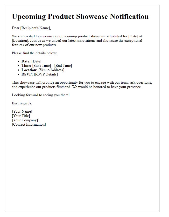 Letter template of notification regarding upcoming product showcase