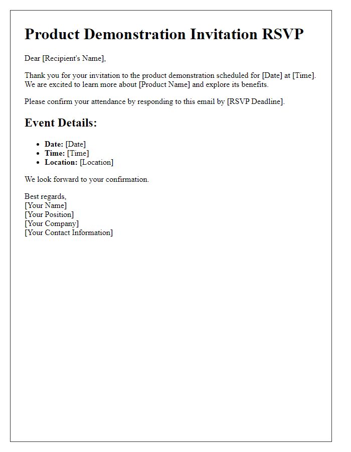 Letter template of RSVP for product demonstration invite