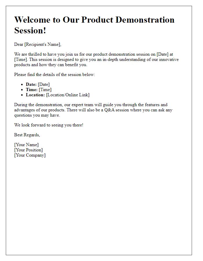 Letter template of welcome message for product demonstration session