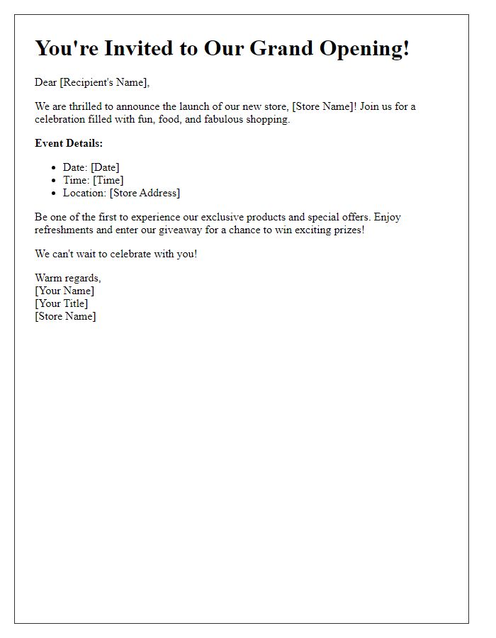 Letter template of celebration invite for new store launch