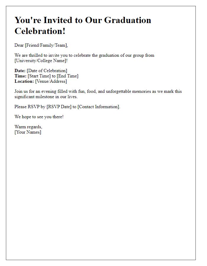 Letter template of a group project graduation celebration invite