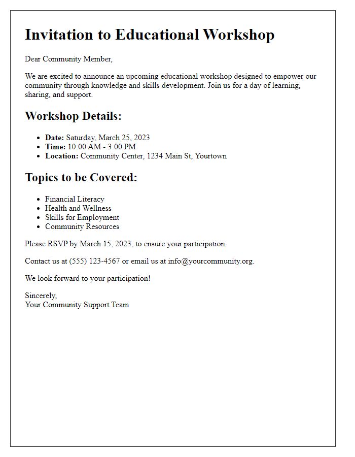 Letter template of educational workshop for community support