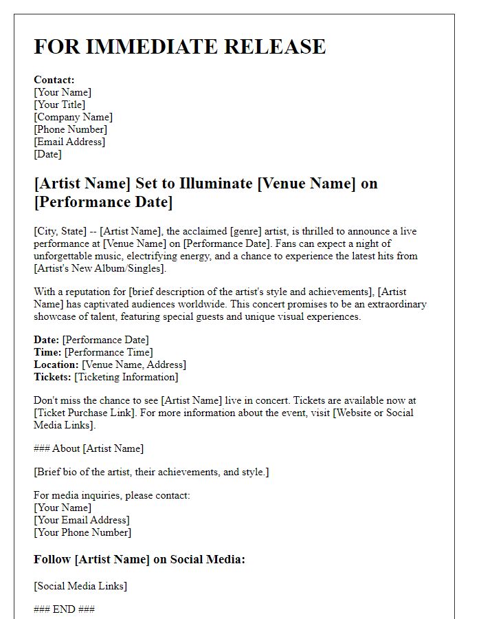 Letter template of press release for music artist performance