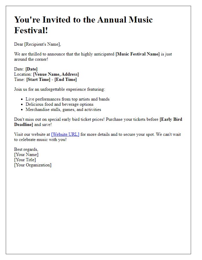 Letter template of promotional announcement for upcoming music festival