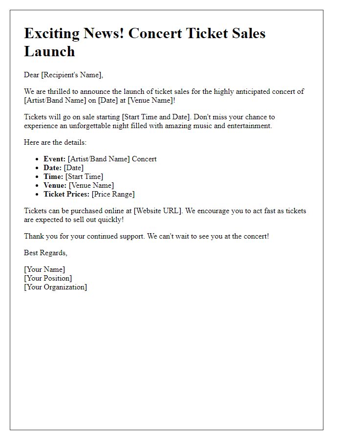 Letter template of ticket sales launch for concert