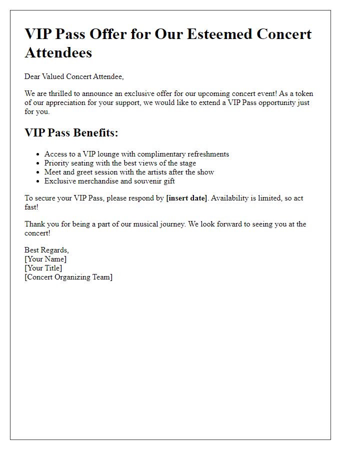 Letter template of VIP pass offer for concert attendees