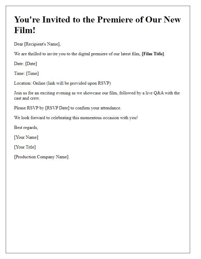 Letter template of digital film premiere invitation