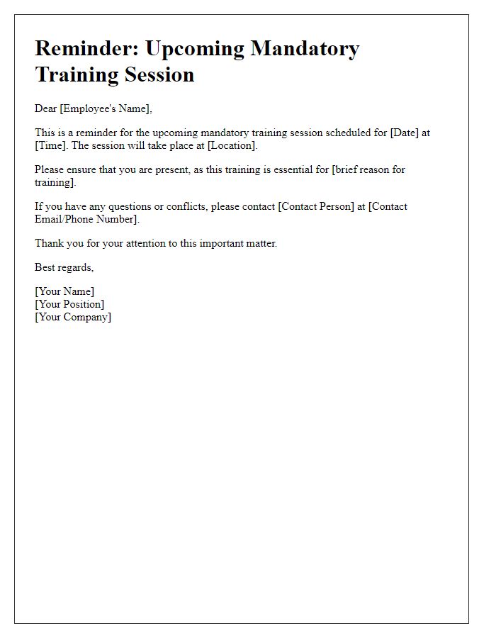 Letter template of mandatory training session reminder