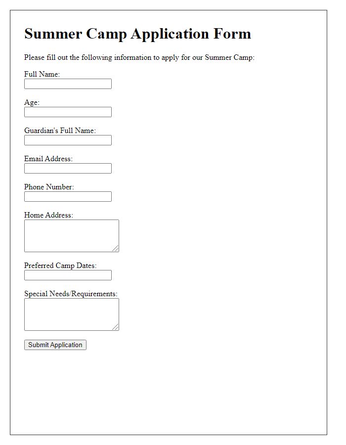 Letter template of Summer Camp Application Form