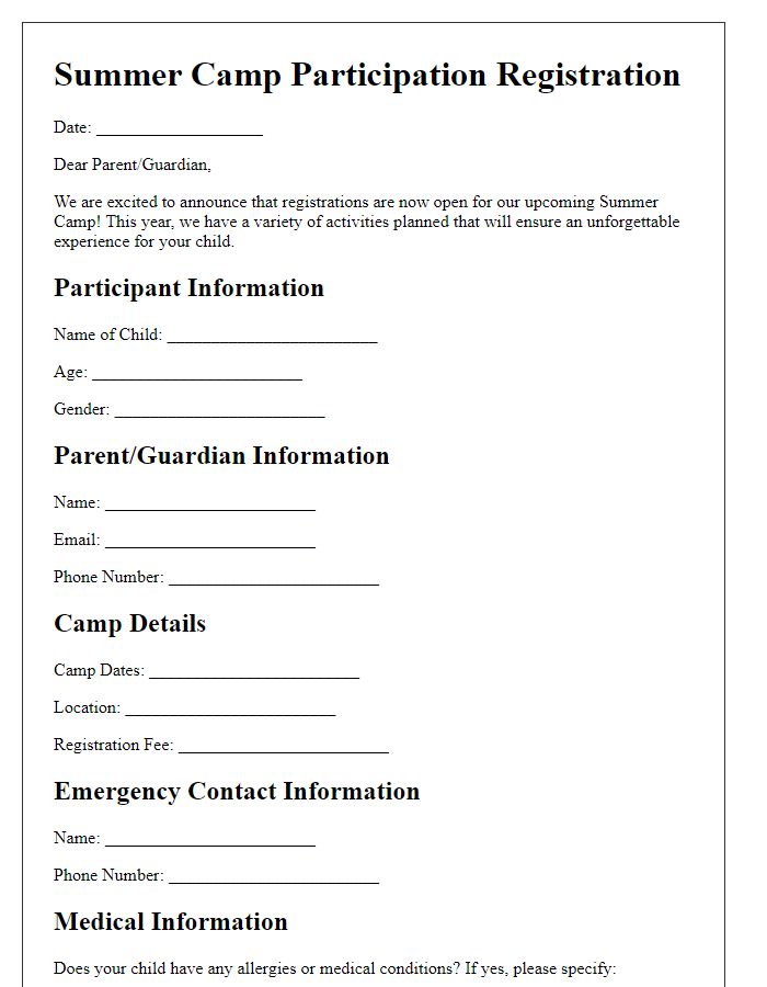 Letter template of Summer Camp Participation Registration