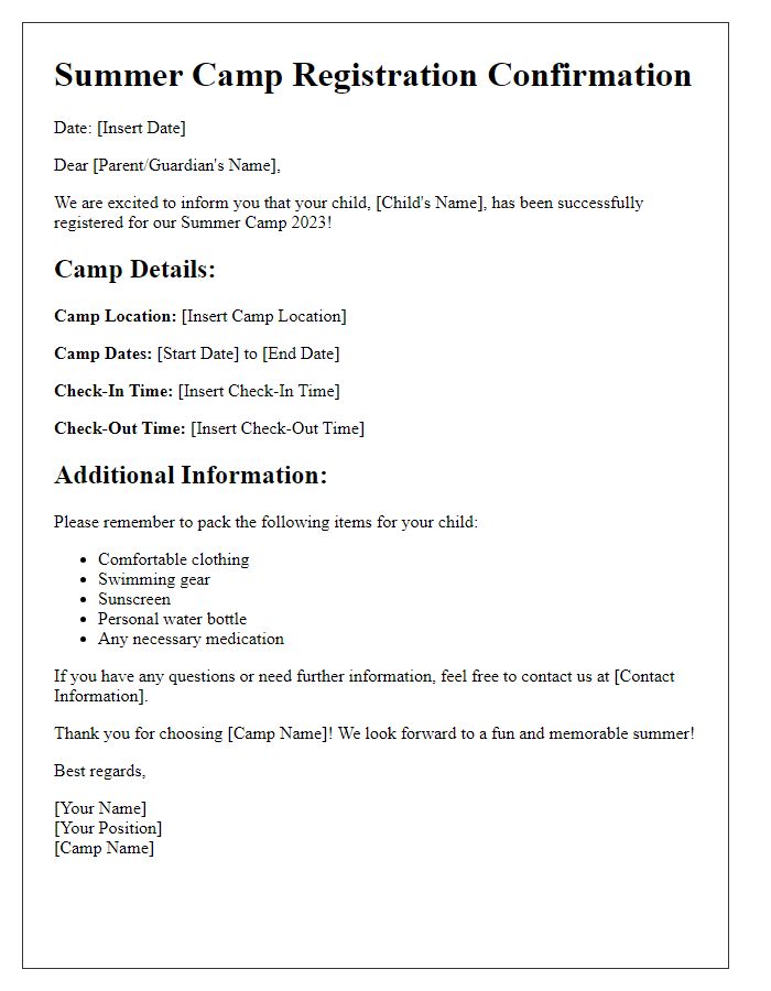 Letter template of Summer Camp Registration Confirmation