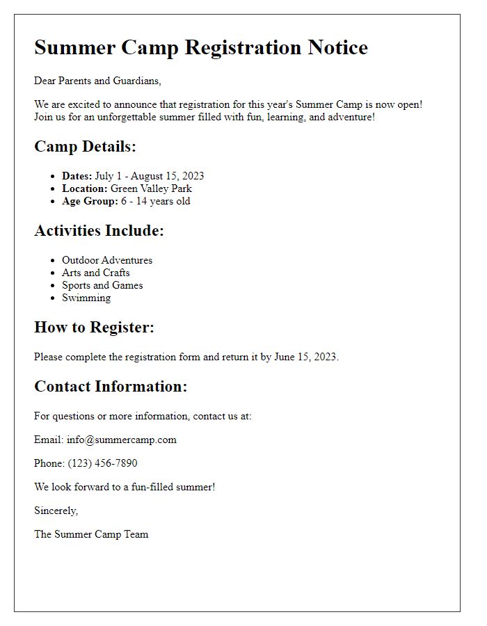 Letter template of Summer Camp Sign-Up Notice