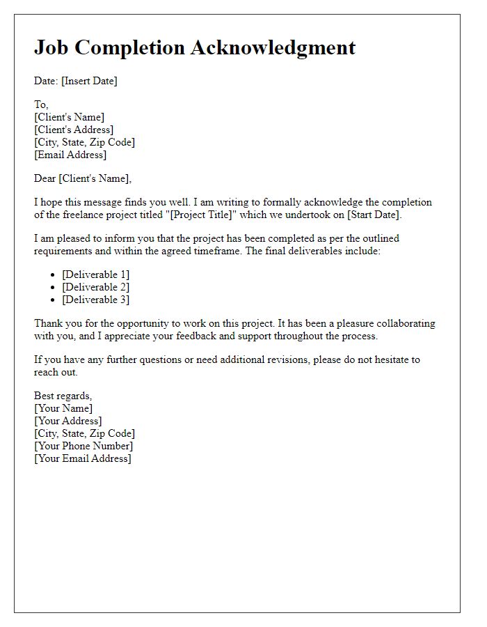 Letter template of freelance job completion acknowledgment