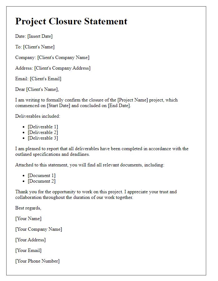 Letter template of freelance project closure statement